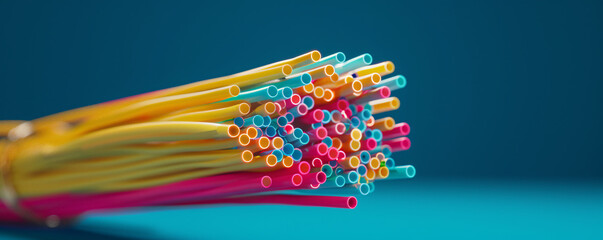 Colorful straws bundle on blue background
