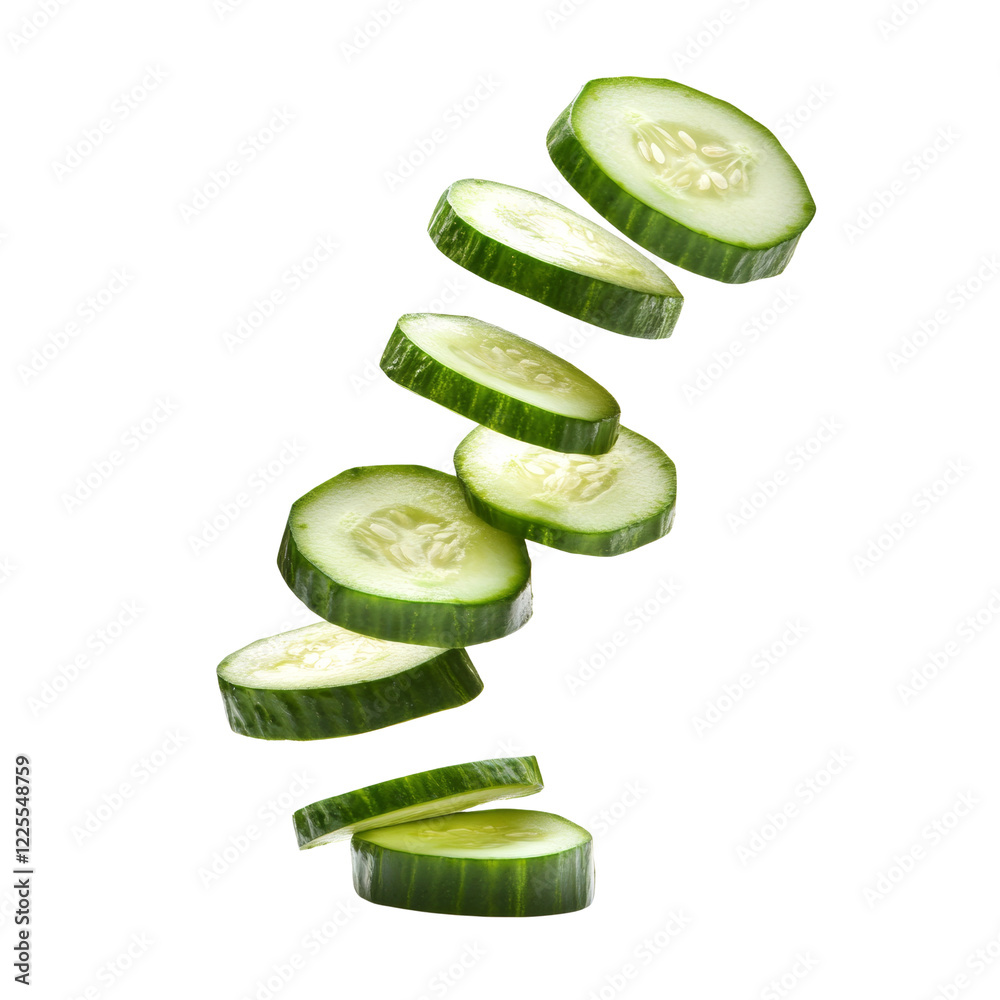 Poster multiple slices of fresh green cucumber falling against a black background, showcasing their texture