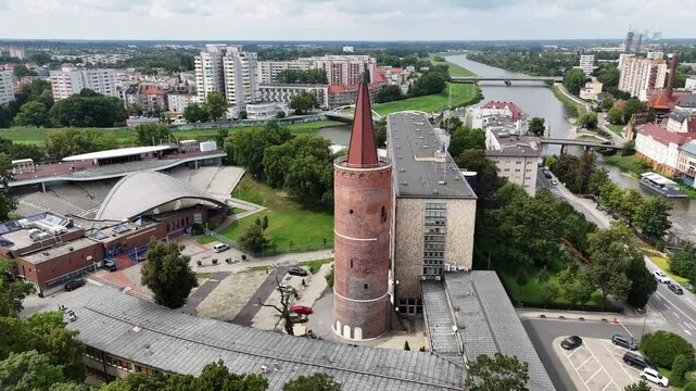 Aerial view of Piast Tower (Wieza Piastowska) in Opole, Poland
