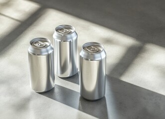 Design an ultra-realistic, monochromatic still life composition featuring three blank silver beer cans arranged on a concrete surface with soft shadows and natural lighting. 