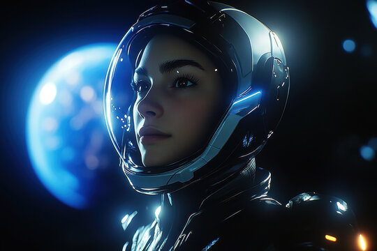 A woman wearing a sleek futuristic helmet and spacesuit floating in space