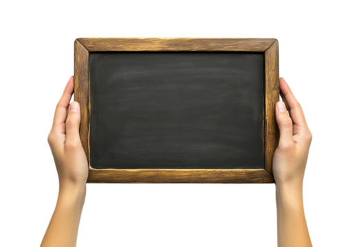 Hands holding blank chalkboard sign.