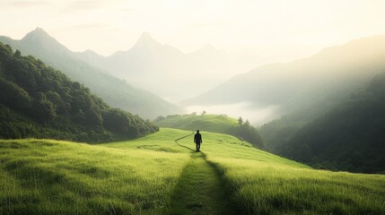 Fototapeta premium Solitary figure walking a path through a serene green valley at sunrise, mountains in the background.