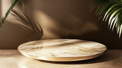 Obraz premium Elegant Marble Display Platform With Palm Leaf Shadows