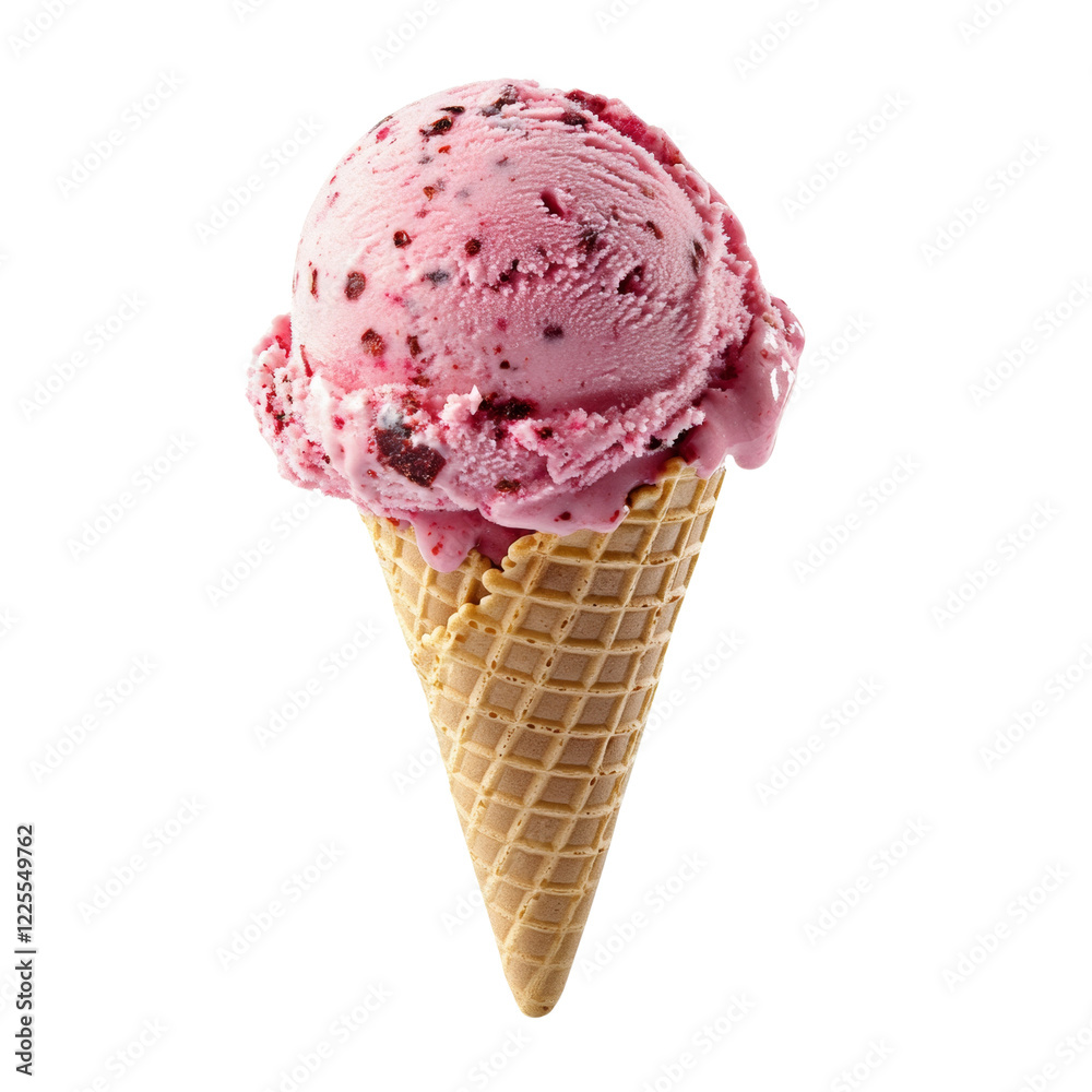 Poster a delectable single scoop of pink berry ice cream with chocolate bits nestled in a crispy waffle con