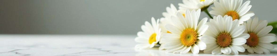 white gerbera daisies in a bouquet on a marble table with soft focus, vintage, soft focus