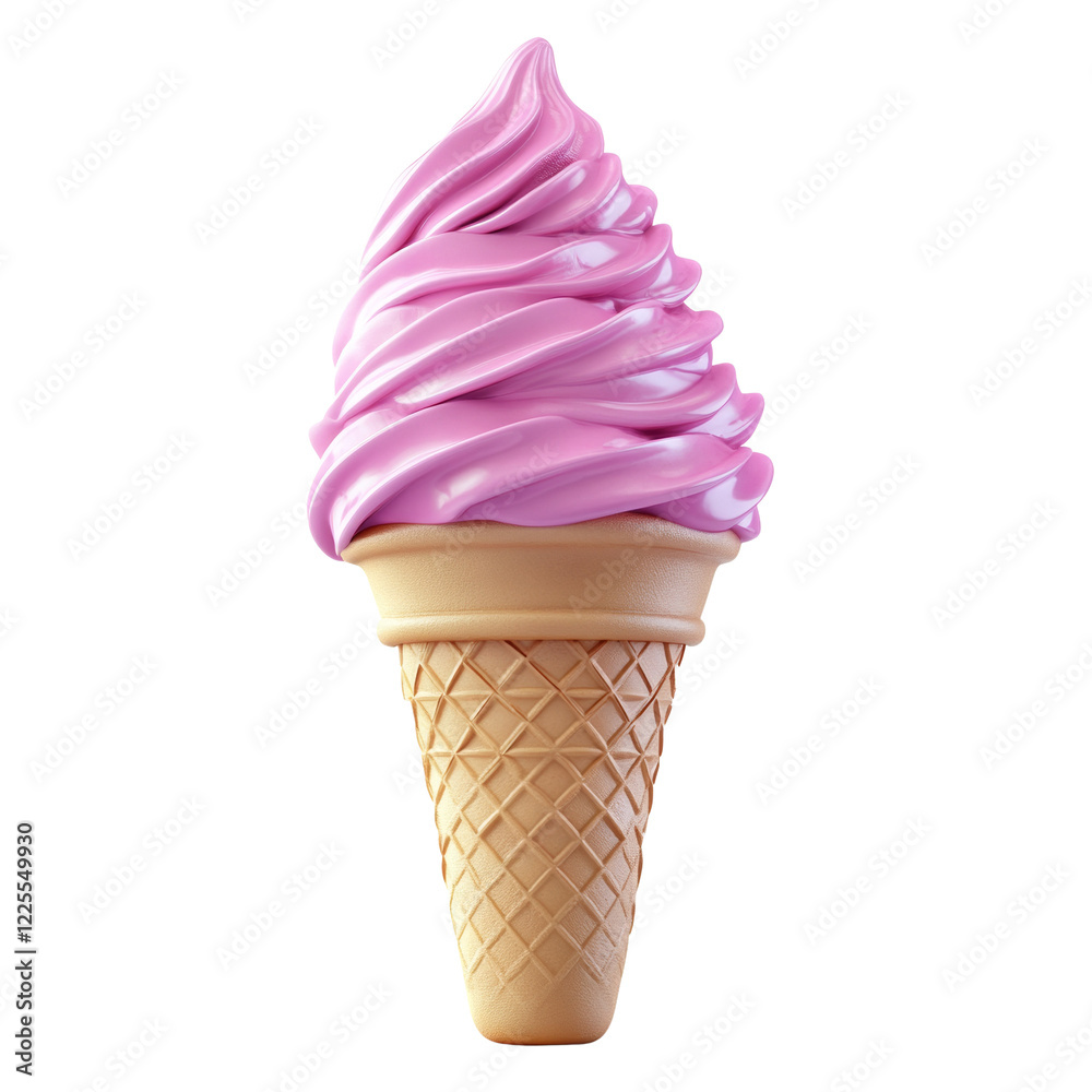 Poster a single serving of pink soft serve ice cream in a waffle cone is shown against a black background.