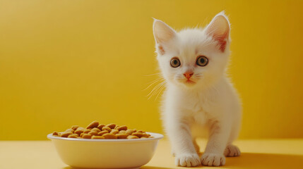 White kitten standing next to a bowl of dry cat food on a yellow background  -