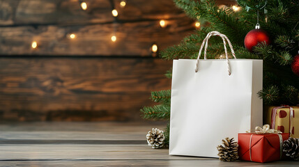 White paper shopping bag next to Christmas decor, with empty space for text  -