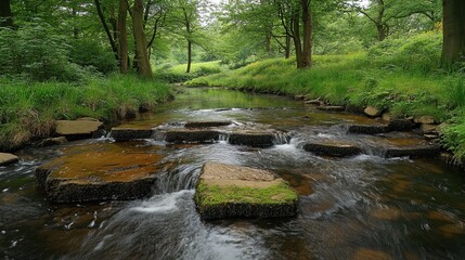 Obraz premium A charming little stream flowing through a green forest, rocks covered in moss, peaceful and refreshing 