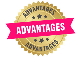 advantages. advantages round pink and gold label isolated on transparent background