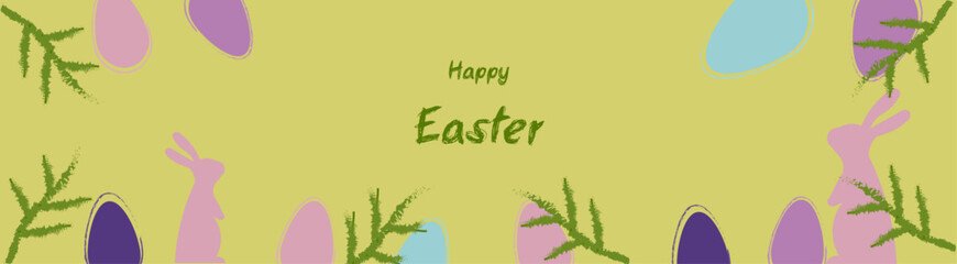 Happy Easter, Happy Easter banner, eggs and bunny in pastel colors, modern minimal style, horizontal poster, greeting card, header for website, template 