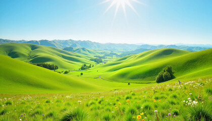 Obraz premium Lush green hills under bright sun, peaceful nature retreat