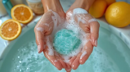 Fototapeta premium Hands hold a vibrant soap bar surrounded by bubbles and citrus fruits, creating a serene atmosphere