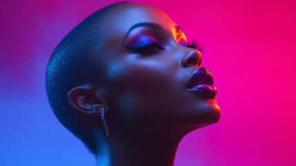 A stunning individual with bold makeup poses against a glowing backdrop
