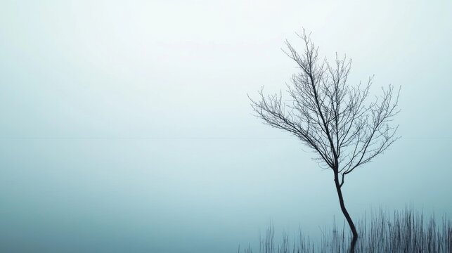 Solitary leafless tree in misty lake.