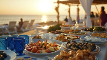 Elegant beachside dining experience at sunset with a variety of mediterranean dishes and blue glassware for a perfect summer evening
