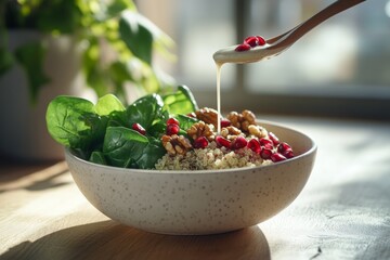 Fresh spinach and quinoa salad with walnuts and pomegranate seeds drizzled with dressing - a vibrant and nutritious vegan dish for healthy living