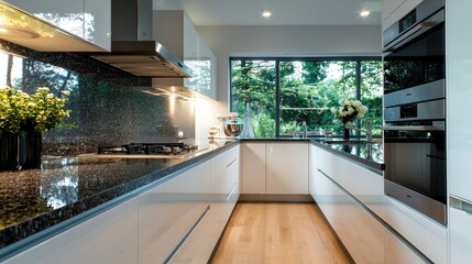 Modern kitchen with granite countertops,  garden view, and light wood floors. Ideal for real estate listings