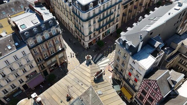 Flight over the streets of Rouen city in Normandy, France