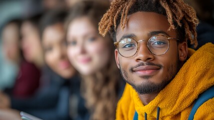 Obraz premium A group of diverse students enjoys a cheerful moment at a campus gathering