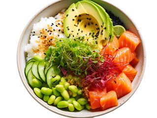 Fresh and Vibrant Poke Bowl on a transparent background – Healthy, Trendy Hawaiian Fusion Dish Perfect for Foodies, Clean Eating, and Balanced Nutrition Enthusiasts. Png cut out. 