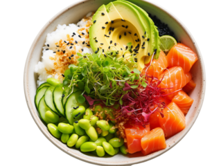 Fresh and Vibrant Poke Bowl on a transparent background – Healthy, Trendy Hawaiian Fusion Dish Perfect for Foodies, Clean Eating, and Balanced Nutrition Enthusiasts. Png cut out. 