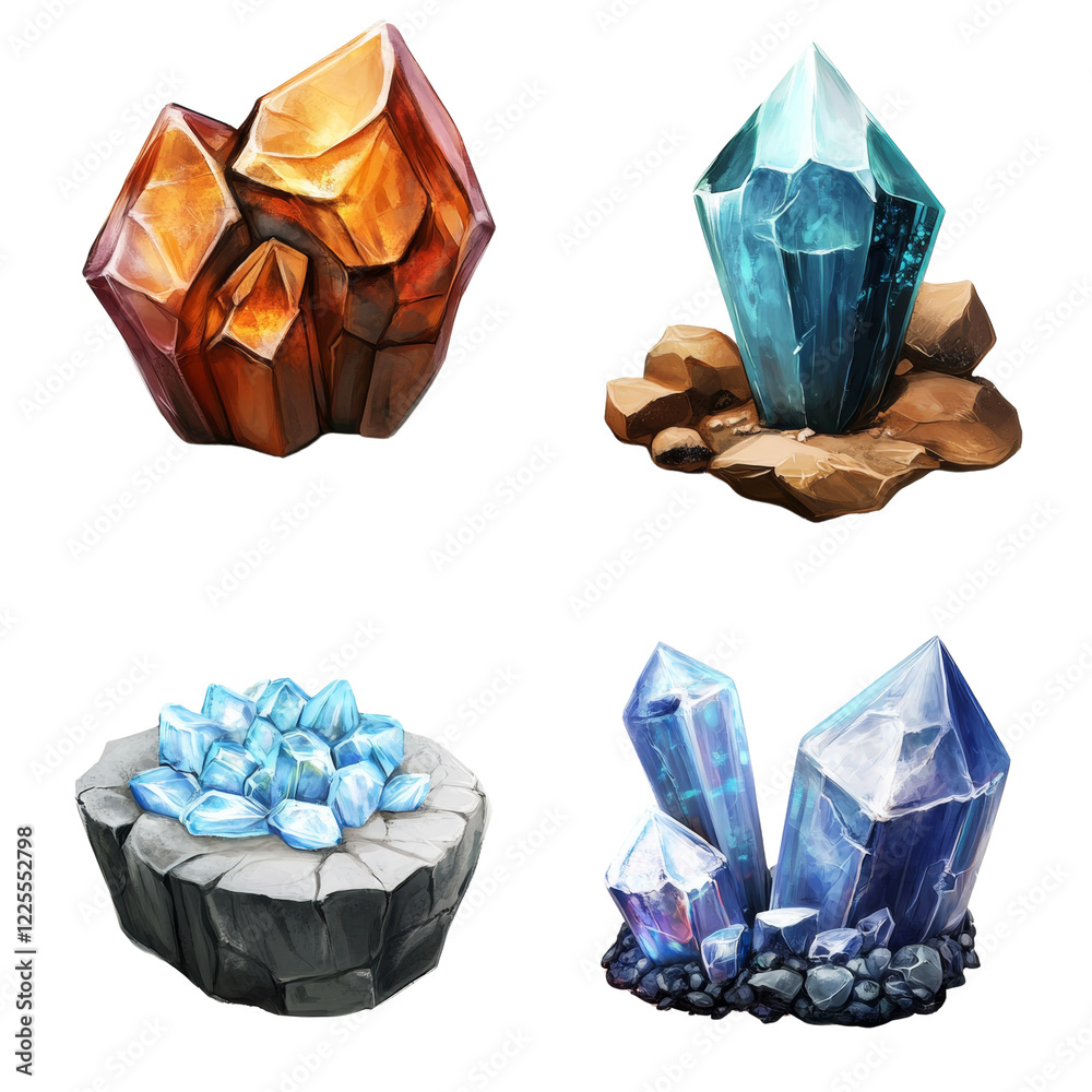 Poster The image showcases four different types of fantasy gemstones displayed on various rock formations.