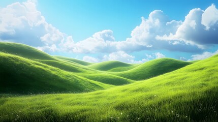 Obraz premium Vibrant Rolling Green Hills Under a Bright Blue Sky with Clouds