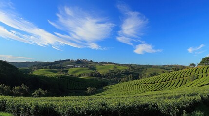 Rolling Green Tea Hills Under a Blue Sky