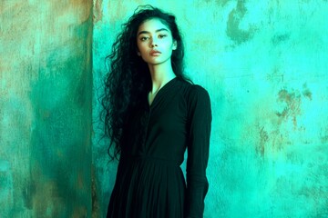 Fototapeta premium Commercial commercial visual design. Long hairdo - curly hair. Pretty calm mixed-race girl - for ads, magazine ad and social online ad networks use. Vibrant hair fashion. Colored hair art.