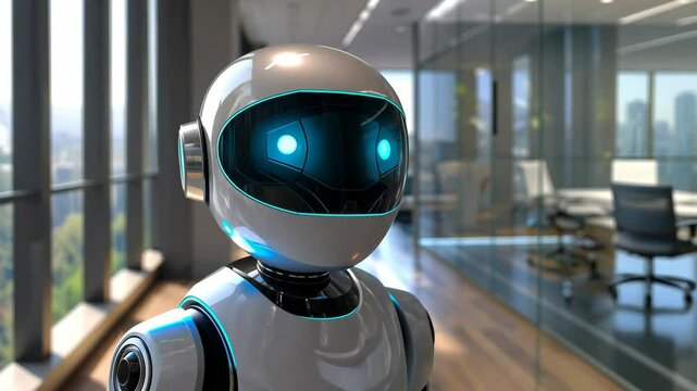 A sleek robot assistant with glowing features observes its surroundings in a contemporary office space filled with natural light and greenery.