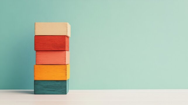 Stacked colorful wooden blocks against a teal wall.