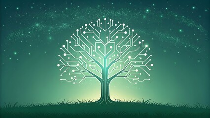 Digital Tree Symbolizing Technology and Nature Hybrid Connection