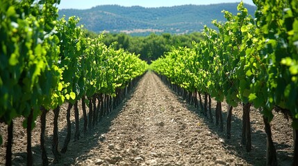 Naklejka premium A picturesque vineyard with organic grapes growing, lush green rows under the sun, symbolizing sustainable agriculture 
