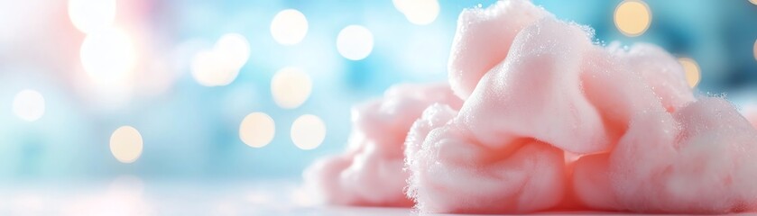 Fototapeta premium A close-up of fluffy, pink cotton candy set against a backdrop of soft, shimmering lights