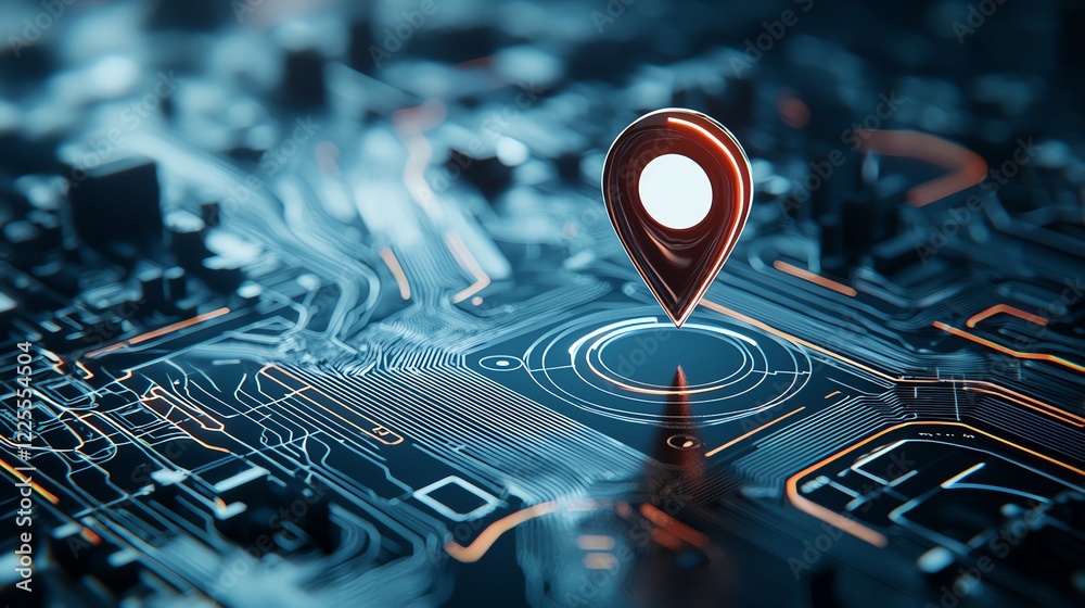 Poster a close-up view of a digital circuit board with a striking red location pin, symbolizing navigation 