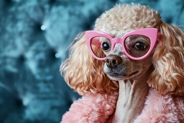 Elegant poodle wearing pink glasses and fur coat on blue background