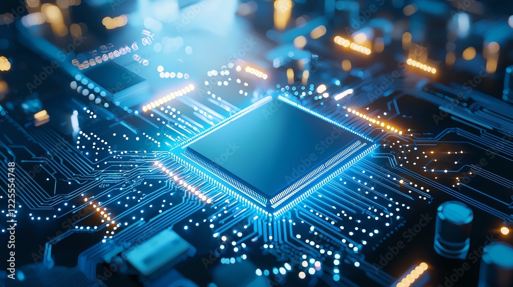 Poster a close-up view of a modern microprocessor on a circuit board, showcasing intricate details and glow