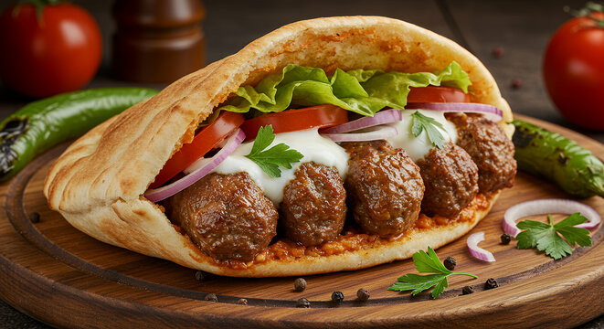 Delicious Balkan Cevapi Pita Sandwich with Creamy Sauce and Fresh Vegetables