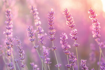 Obraz premium Lush lavender fields in soft sunlight, creating a serene atmosphere with vibrant colors in the background