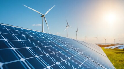 A close-up view of solar panels reflecting sunlight with wind turbines in the background, symbolizing renewable energy and a commitment to sustainability in a clean environment.