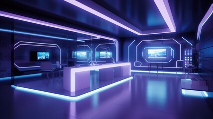 Obraz premium Background - Futuristic Room: High-tech Space with a Modern Design, Illuminated with Neon Purple and Blue Lights Highlighting Geometric Shapes on the Walls and Ceiling, Featuring a Central Desk with a