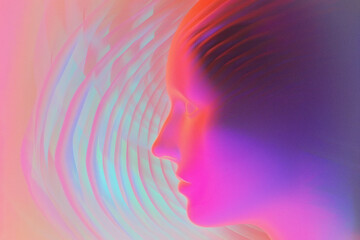 A surreal abstract portrait of a female face with flowing light waves in vibrant pink, purple, and blue hues, creating a futuristic and dreamy effect.