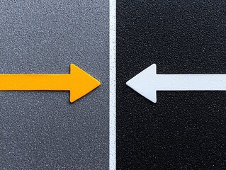 A close-up view of two directional arrows, one in vibrant orange and the other in sleek white, set against contrasting dark and light backgrounds, symbolizing choices and direction