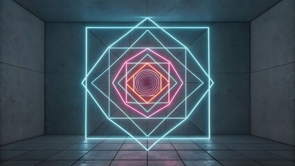 Naklejka premium Neon Geometric Shapes in Abstract Space with Glowing Lights