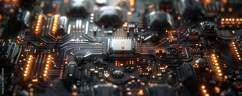 Poster Detailed view of a high-tech circuit board with illuminated pathways and microchip