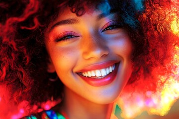 Short hairdo - curly hair. Attractive happy mixed-race girl - for ads, brochure and digital marketing use. Commercial ad campaign idea layout. African beauty lookbook. Black woman ad trend.