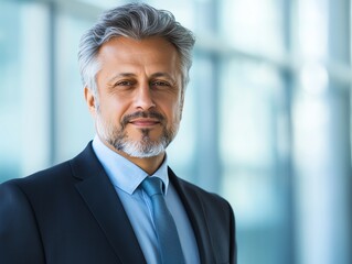 Fototapeta premium A confident businessman stands in an office setting, showcasing professionalism and leadership. His demeanor reflects experience and a commitment to his career.
