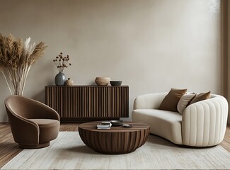 Minimalistic living room with beige and brown shades, featuring a stylish wooden floor, a modern cabinet, a cozy sofa, and an armchair, empty space for display or mockup, 3D-rendered